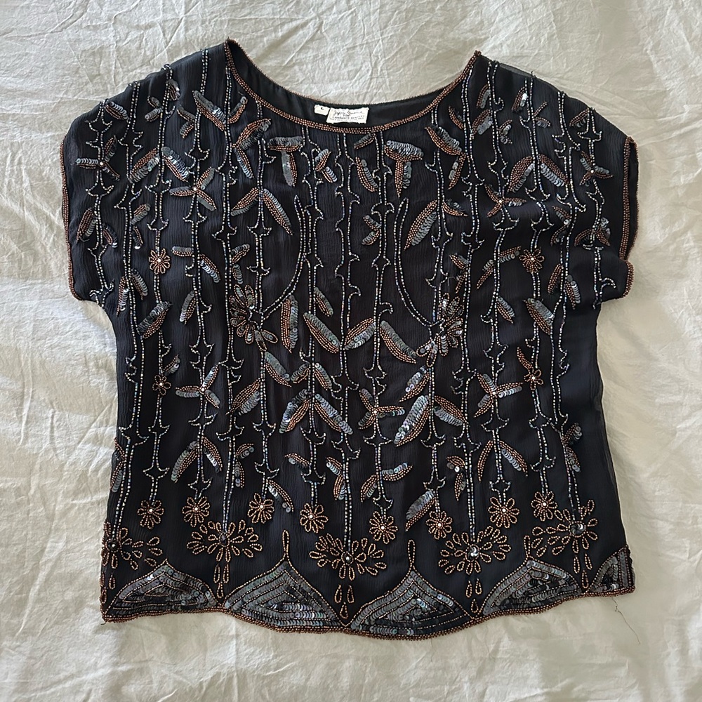 Vintage Beaded Sequin Art Deco Style Top 100% Silk